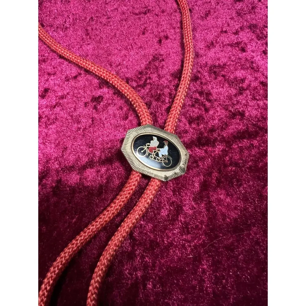 Vintage Metal Bolo Tie - Tandem Bicycle Couple Black Enamel Slide Red Cord